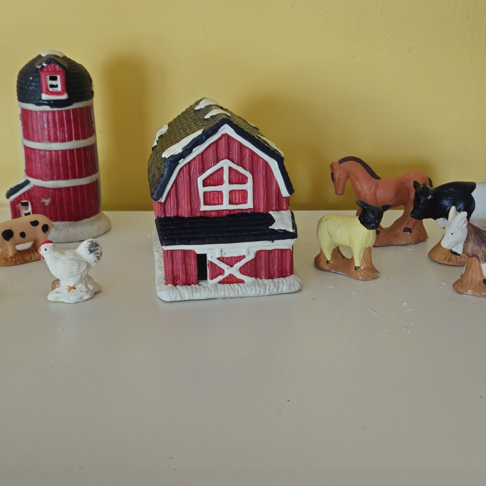 Farm Animal Figurine Set with Red Barn